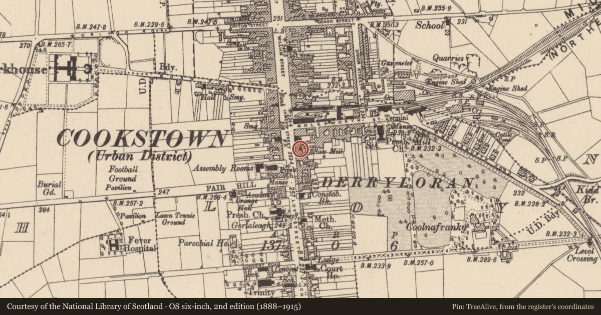 Ordnance Survey six-inch map, 2nd edition (1888–1915) covering the location of 48 James Street, Loy, Mid Ulster, with a pin at the register's coordinates