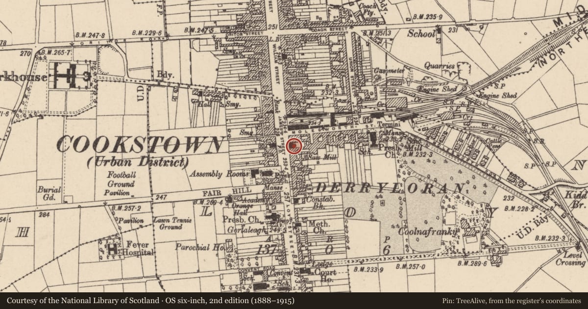 Ordnance Survey six-inch map, 2nd edition (1888–1915) covering the location of 40/42 James Street, Cookstown, CoTyrone, BT80 8LT, Mid Ulster, with a pin at the register's coordinates