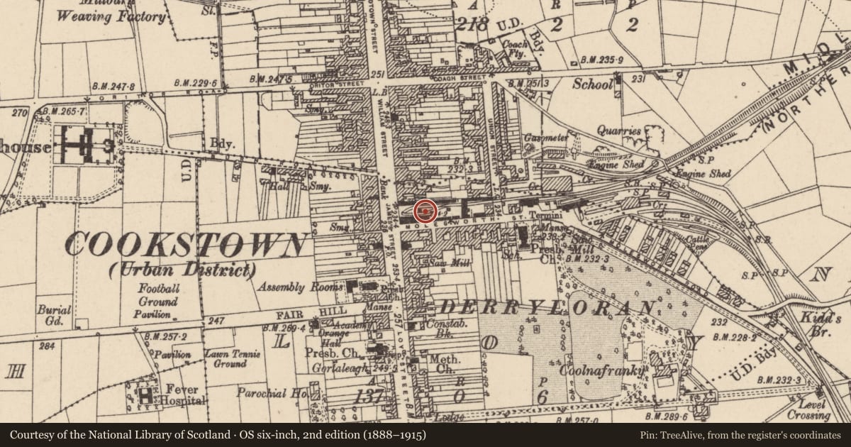 Ordnance Survey six-inch map, 2nd edition (1888–1915) covering the location of 14-16 Molesworth Street, Cookstown, Co Tyrone, BT80 8NX, Loy, Mid Ulster, with a pin at the register's coordinates
