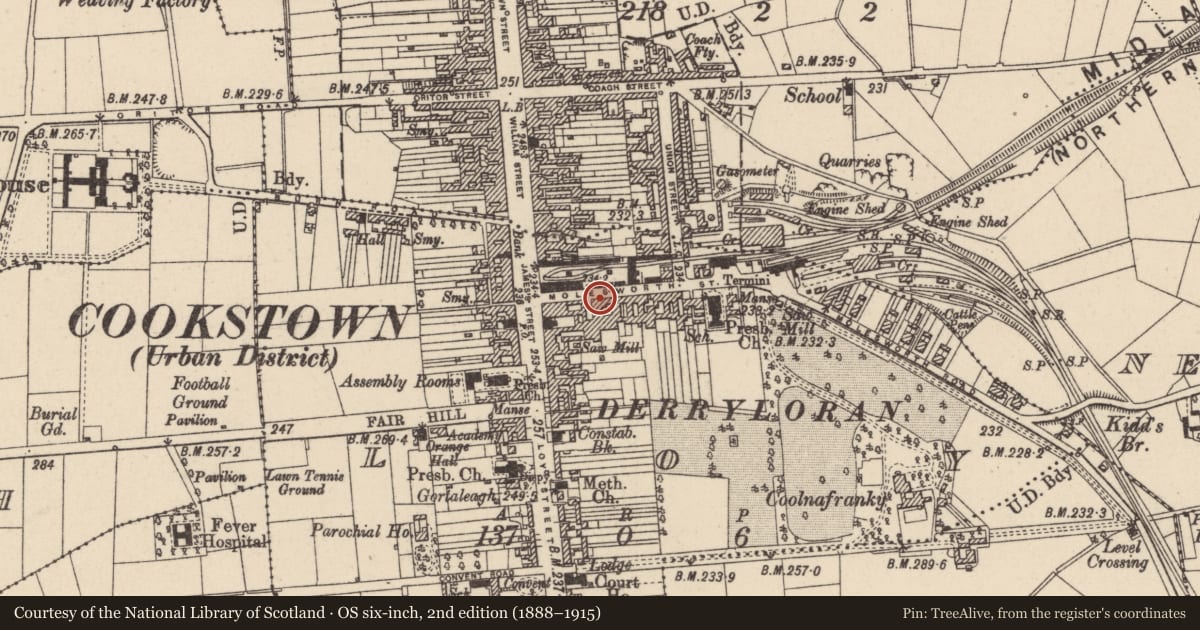 Ordnance Survey six-inch map, 2nd edition (1888–1915) covering the location of 19 Molesworth Street, Loy, Mid Ulster, with a pin at the register's coordinates