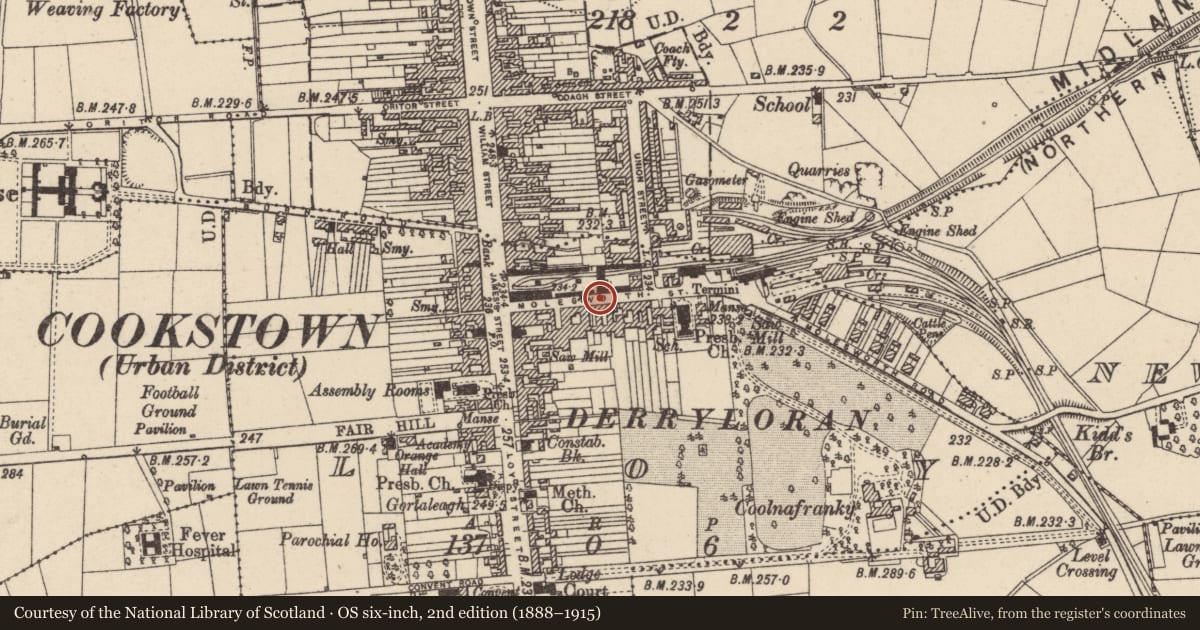 Ordnance Survey six-inch map, 2nd edition (1888–1915) covering the location of 31-33 Molesworth Street, Loy, Mid Ulster, with a pin at the register's coordinates