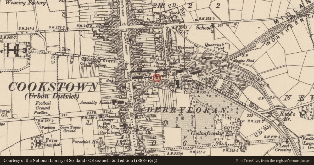 Ordnance Survey six-inch map, 2nd edition (1888–1915) covering the location of 35 Molesworth Street, Loy, Mid Ulster, with a pin at the register's coordinates