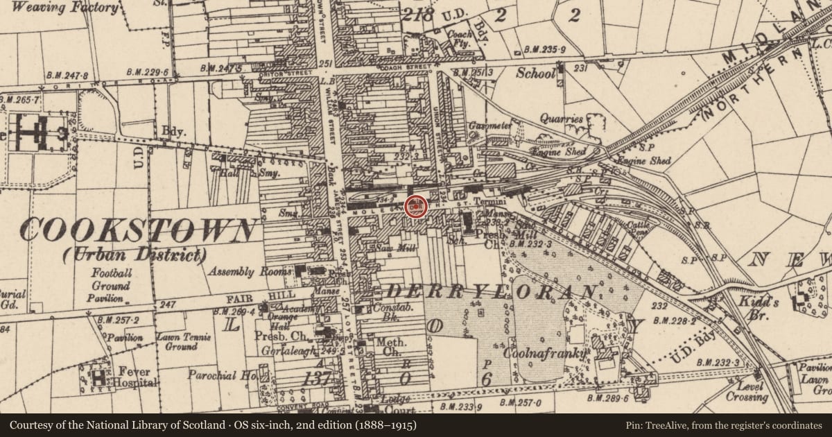 Ordnance Survey six-inch map, 2nd edition (1888–1915) covering the location of 37 Molesworth Street, Loy, Mid Ulster, with a pin at the register's coordinates