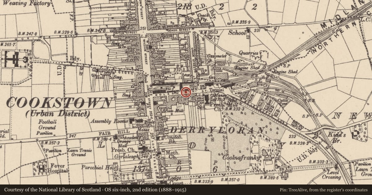 Ordnance Survey six-inch map, 2nd edition (1888–1915) covering the location of 39-41 Molesworth Street, Loy, Mid Ulster, with a pin at the register's coordinates