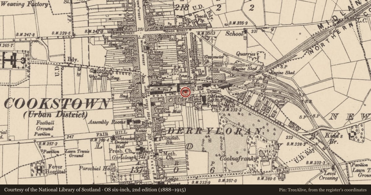 Ordnance Survey six-inch map, 2nd edition (1888–1915) covering the location of 43 Molesworth Street, Cookstown, Co Tyrone, BT80 8NX, Loy, Mid Ulster, with a pin at the register's coordinates