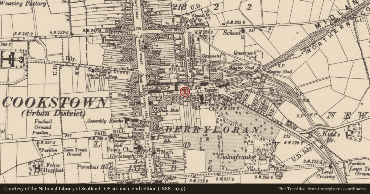 Ordnance Survey six-inch map, 2nd edition (1888–1915) covering the location of 45 Molesworth Street, Loy, Mid Ulster, with a pin at the register's coordinates