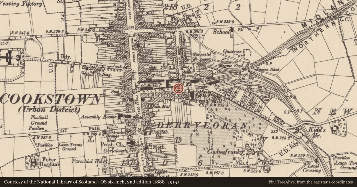 Ordnance Survey six-inch map, 2nd edition (1888–1915) covering the location of 47-49 Molesworth Street, Loy, Mid Ulster, with a pin at the register's coordinates