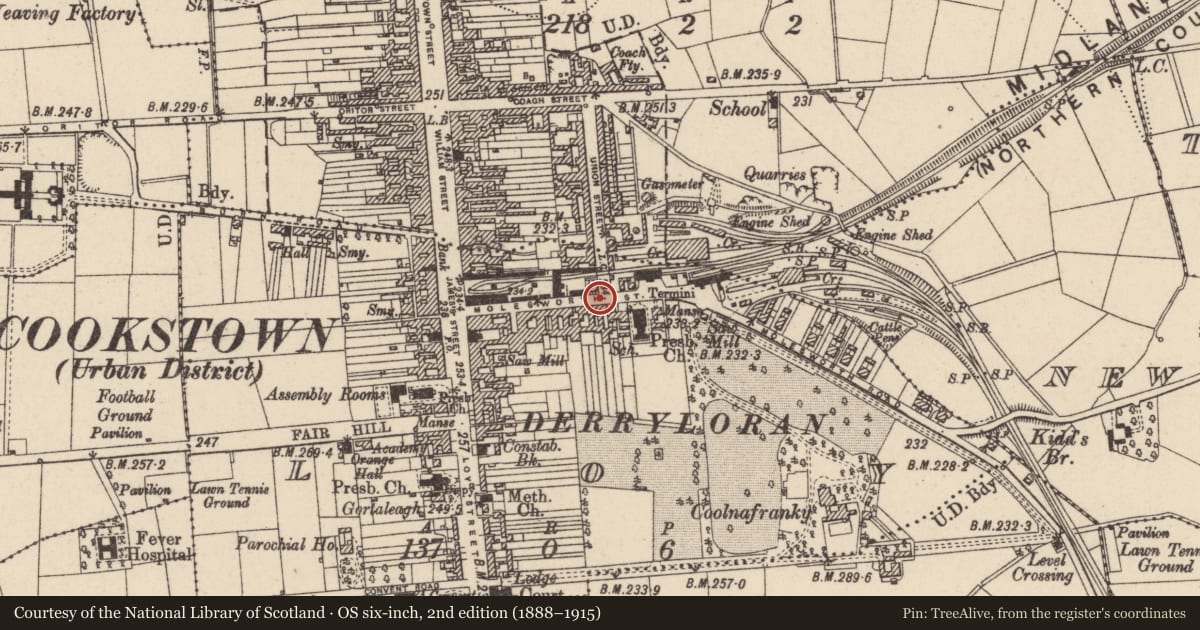 Ordnance Survey six-inch map, 2nd edition (1888–1915) covering the location of 51-53 Molesworth Street, Loy, Mid Ulster, with a pin at the register's coordinates