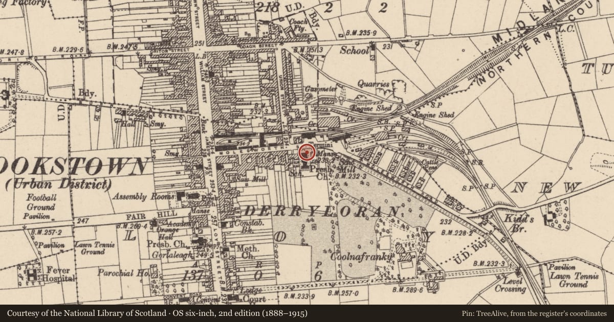 Ordnance Survey six-inch map, 2nd edition (1888–1915) covering the location of Molesworth Street Presbyterian Church, Loy, Mid Ulster, with a pin at the register's coordinates
