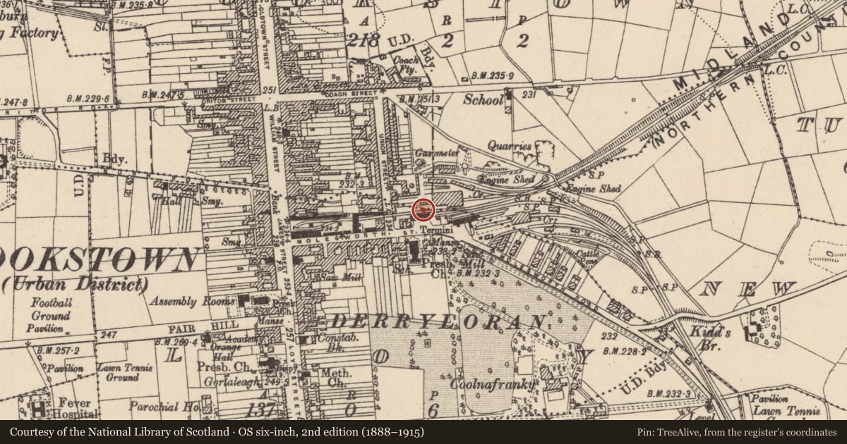 Ordnance Survey six-inch map, 2nd edition (1888–1915) covering the location of Former LMS Railway Terminus, Loy, Mid Ulster, with a pin at the register's coordinates