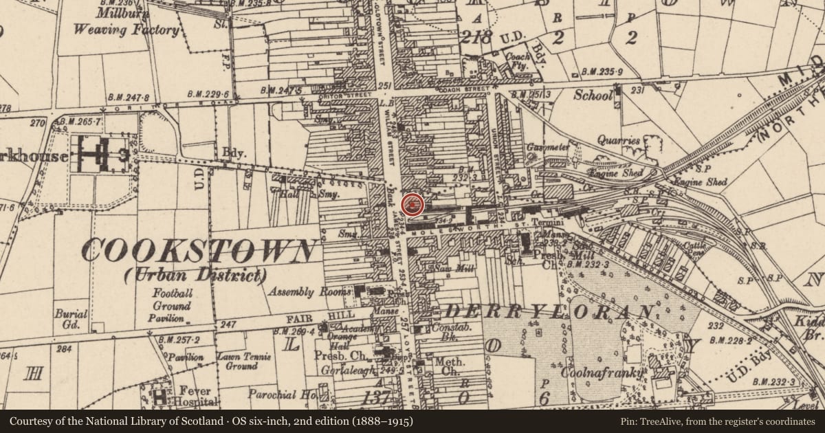 Ordnance Survey six-inch map, 2nd edition (1888–1915) covering the location of 18-20 James Street, Loy, Mid Ulster, with a pin at the register's coordinates