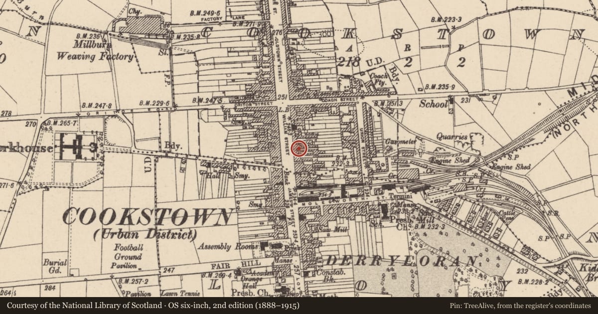 Ordnance Survey six-inch map, 2nd edition (1888–1915) covering the location of 48/50 William Street, Cookstown, Mid Ulster, with a pin at the register's coordinates