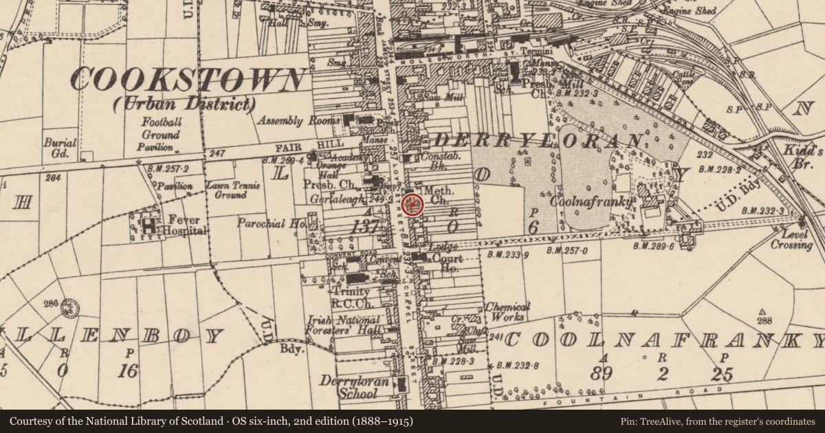 Ordnance Survey six-inch map, 2nd edition (1888–1915) covering the location of 30/38 Loy Street, Cookstown, CoTyrone, BT80 8PE, Mid Ulster, with a pin at the register's coordinates
