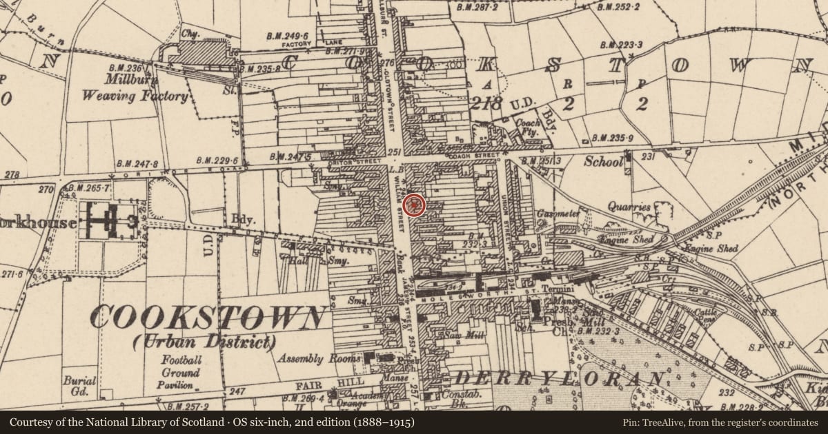Ordnance Survey six-inch map, 2nd edition (1888–1915) covering the location of 32/34 William Street, Cookstown, Co Tyrone, BT80 8NB, Mid Ulster, with a pin at the register's coordinates