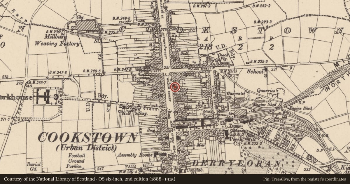 Ordnance Survey six-inch map, 2nd edition (1888–1915) covering the location of 26-28 William Street, Cookstown, Mid Ulster, with a pin at the register's coordinates