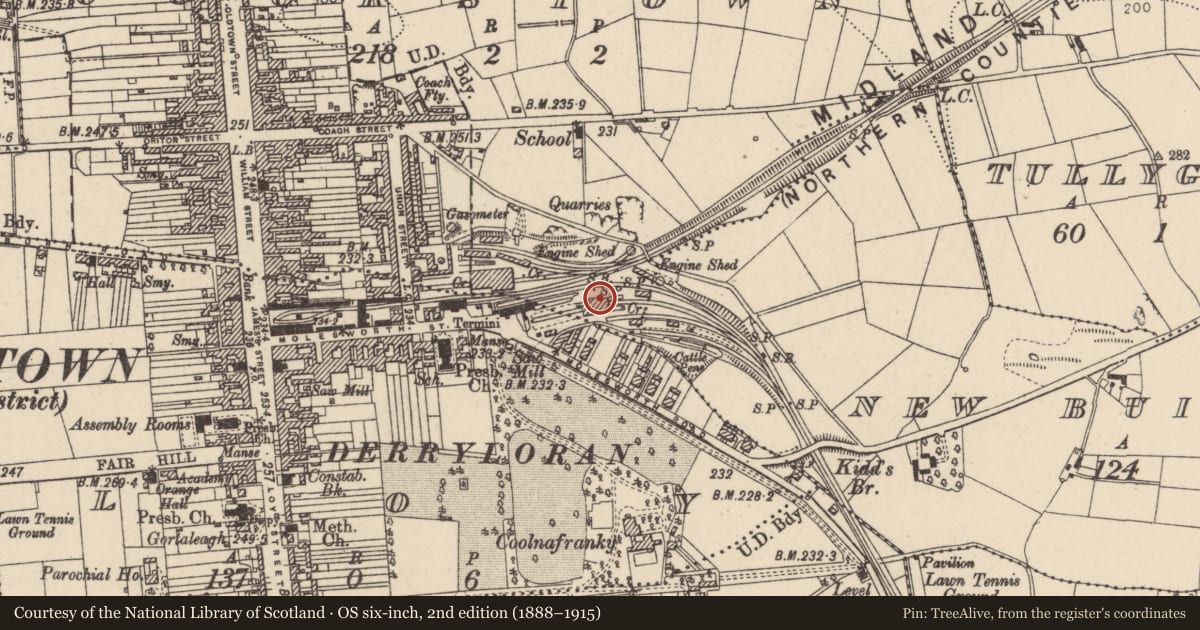 Ordnance Survey six-inch map, 2nd edition (1888–1915) covering the location of Former Goods Shed, Moleworth Street, Cookstown, Co Tyrone, BT80, Loy, Mid Ulster, with a pin at the register's coordinates