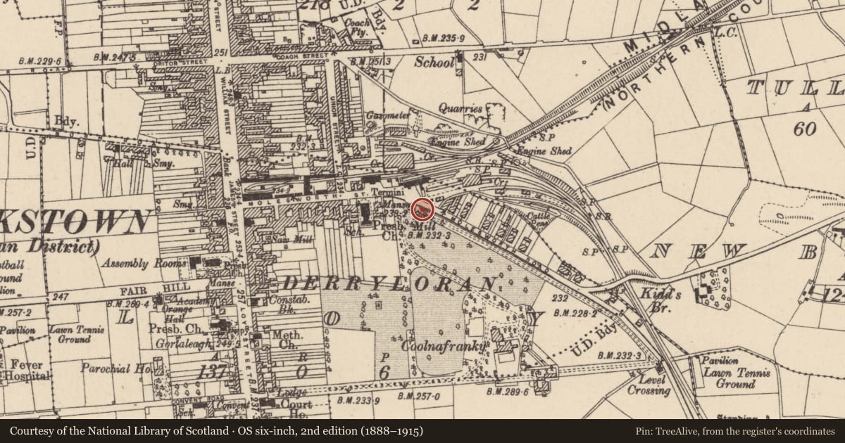 Ordnance Survey six-inch map, 2nd edition (1888–1915) covering the location of Telephone Exchange, Loy, Mid Ulster, with a pin at the register's coordinates