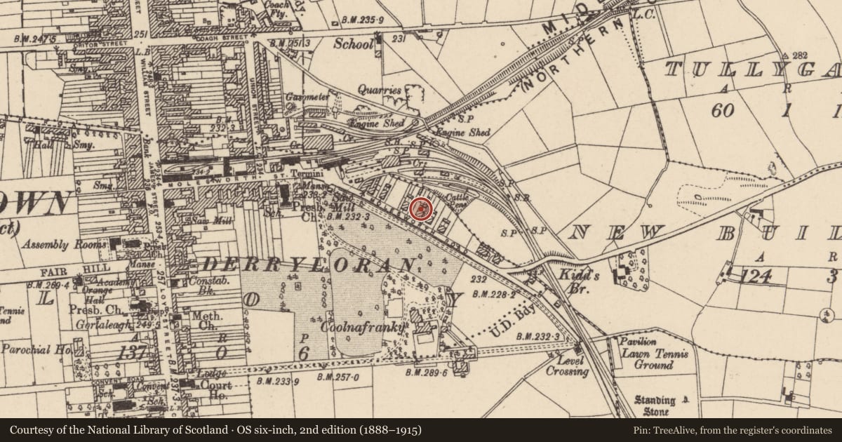 Ordnance Survey six-inch map, 2nd edition (1888–1915) covering the location of 20 Molesworth Road, Cookstown, Co Tyrone, BT80 8NR, Loy, Mid Ulster, with a pin at the register's coordinates