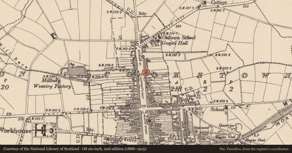 Ordnance Survey six-inch map, 2nd edition (1888–1915) covering the location of 63 Oldtown Street, Cookstown, BT80 8EE, Mid Ulster, with a pin at the register's coordinates