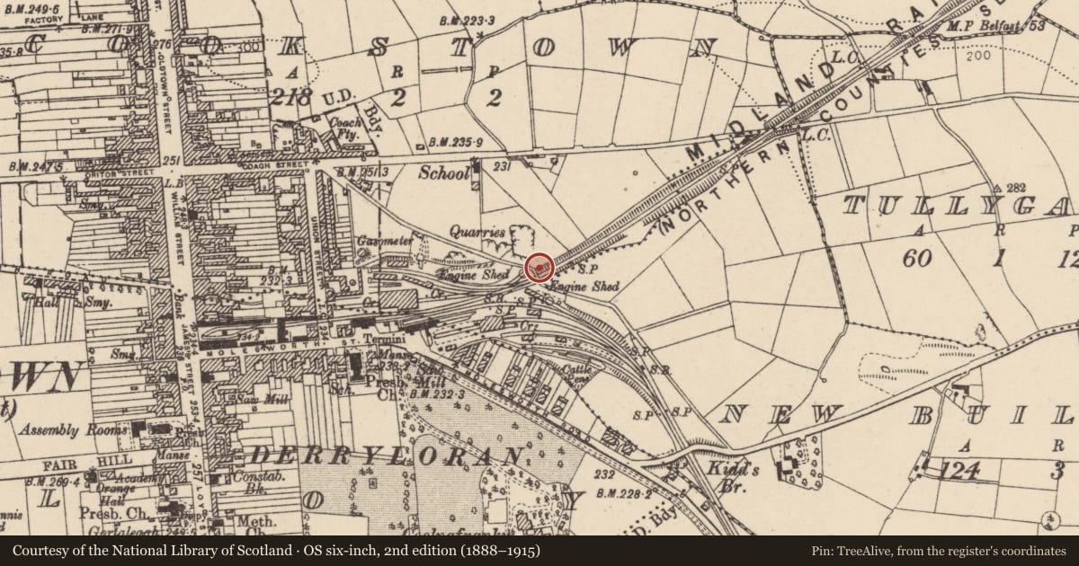 Ordnance Survey six-inch map, 2nd edition (1888–1915) covering the location of Bridge, Limekiln Lane, Cookstown, Co Tyrone, Mid Ulster, with a pin at the register's coordinates