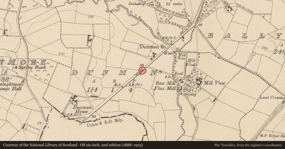 Ordnance Survey six-inch map, 2nd edition (1888–1915) covering the location of Telephone kiosk, Dunman, with a pin at the register's coordinates