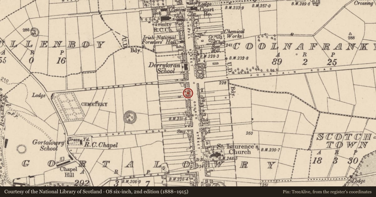 Ordnance Survey six-inch map, 2nd edition (1888–1915) covering the location of 17/25 Church Street, Cookstown, Co Tyrone, BT80 8HT, Mid Ulster, with a pin at the register's coordinates