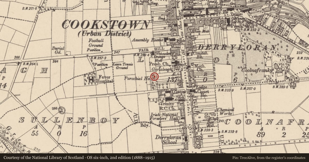 Ordnance Survey six-inch map, 2nd edition (1888–1915) covering the location of Parochial House, Loy, Mid Ulster, with a pin at the register's coordinates