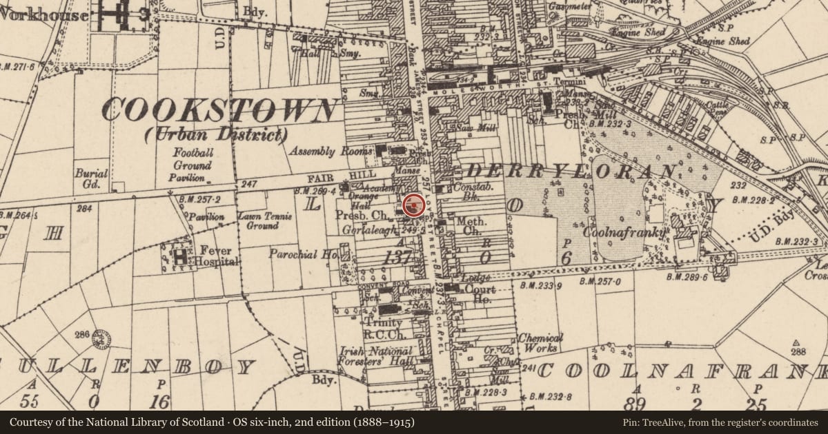 Ordnance Survey six-inch map, 2nd edition (1888–1915) covering the location of Derryloran Parish Hall, Loy, Mid Ulster, with a pin at the register's coordinates