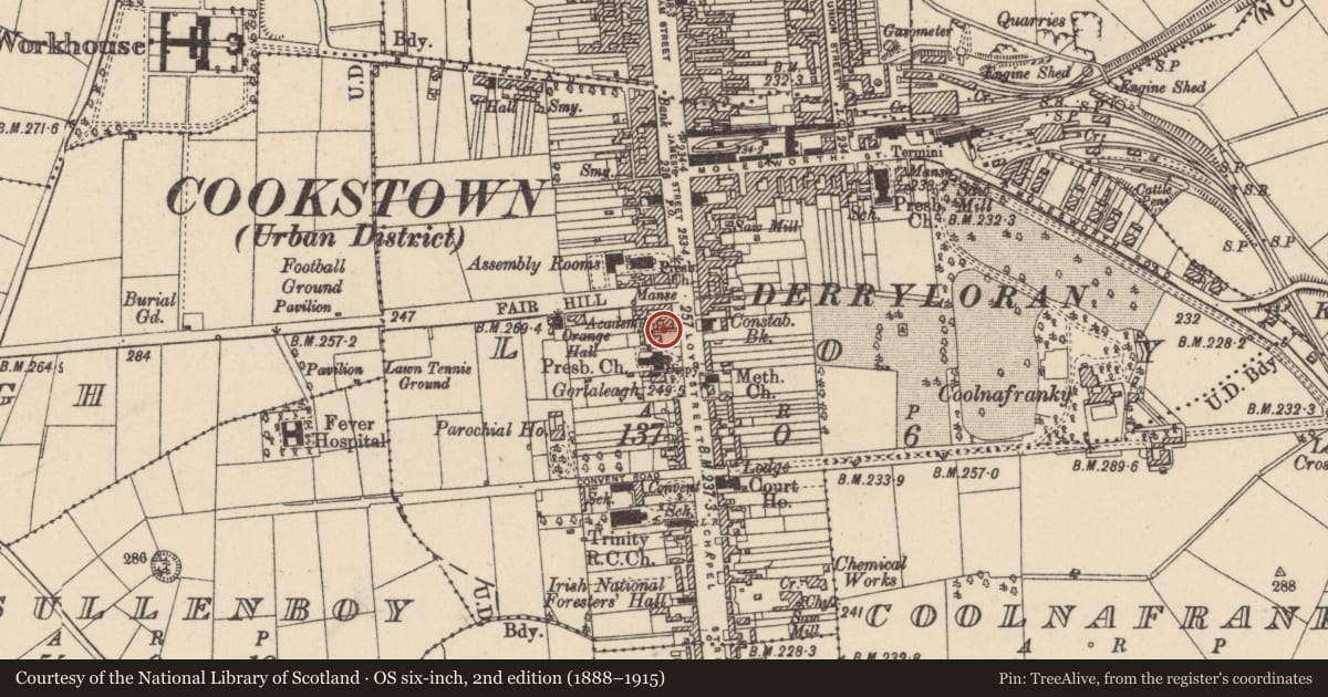Ordnance Survey six-inch map, 2nd edition (1888–1915) covering the location of 11 Loy Street, Cookstown, Co Tyrone, BT80 8PZ, Mid Ulster, with a pin at the register's coordinates