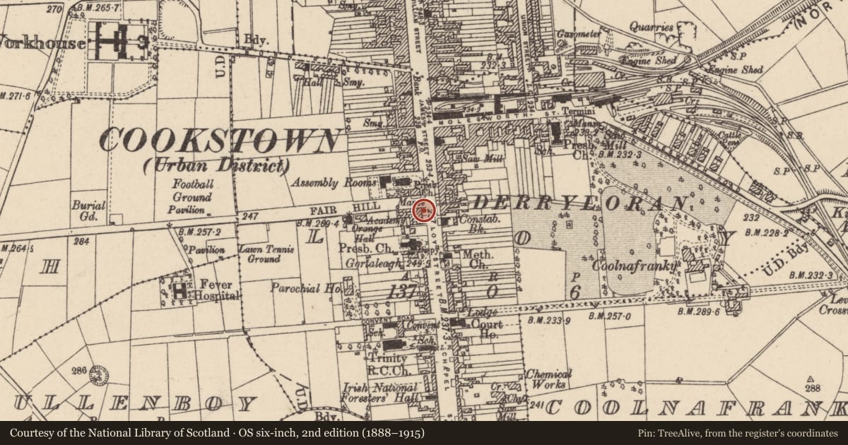 Ordnance Survey six-inch map, 2nd edition (1888–1915) covering the location of 5 Loy Street, Cookstown, Co Tyrone, BT80 8PZ, Mid Ulster, with a pin at the register's coordinates