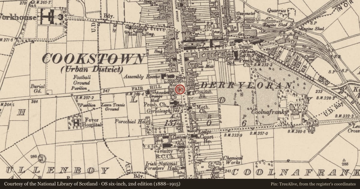 Ordnance Survey six-inch map, 2nd edition (1888–1915) covering the location of 7 Loy Street, Mid Ulster, with a pin at the register's coordinates