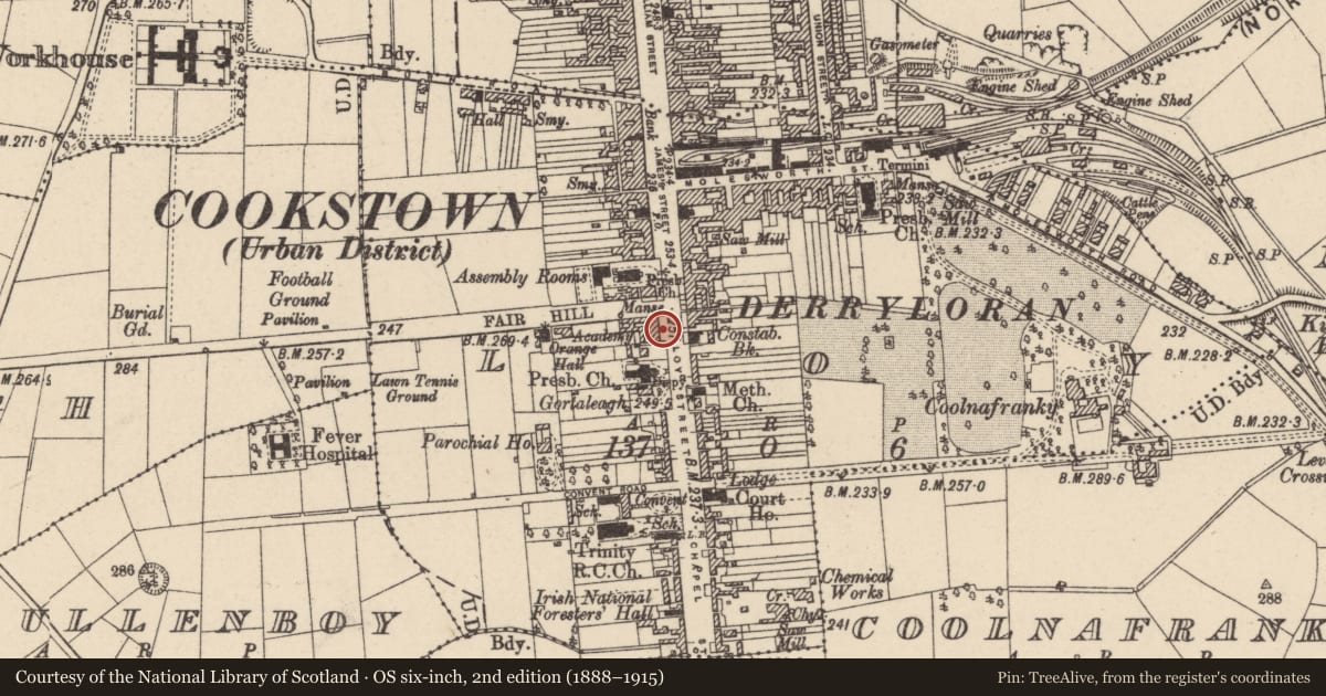 Ordnance Survey six-inch map, 2nd edition (1888–1915) covering the location of 9 Loy Street, Cokstown, Co Tyrone, BT80 8PZ, Mid Ulster, with a pin at the register's coordinates