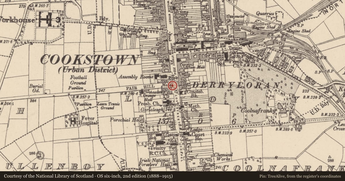 Ordnance Survey six-inch map, 2nd edition (1888–1915) covering the location of 1 Loy Street, Cookstown, Co Tyrone, BT80 8PZ, Mid Ulster, with a pin at the register's coordinates