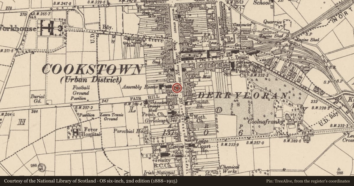 Ordnance Survey six-inch map, 2nd edition (1888–1915) covering the location of First Presbyterian Church Manse, Loy, Mid Ulster, with a pin at the register's coordinates