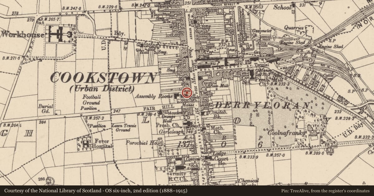 Ordnance Survey six-inch map, 2nd edition (1888–1915) covering the location of First Cookstown Presbyterian Church, Loy, Mid Ulster, with a pin at the register's coordinates