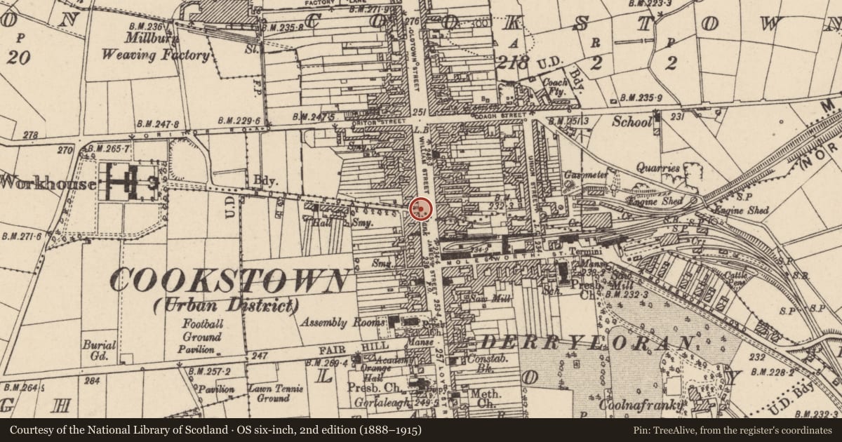 Ordnance Survey six-inch map, 2nd edition (1888–1915) covering the location of 1-3 James Street, Cookstown, Co Tyrone, BT80 8AT, Mid Ulster, with a pin at the register's coordinates