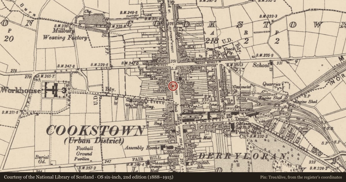 Ordnance Survey six-inch map, 2nd edition (1888–1915) covering the location of 33/35(?) William Street, Cookstown, Co Tyrone, BT80 8AX, Mid Ulster, with a pin at the register's coordinates
