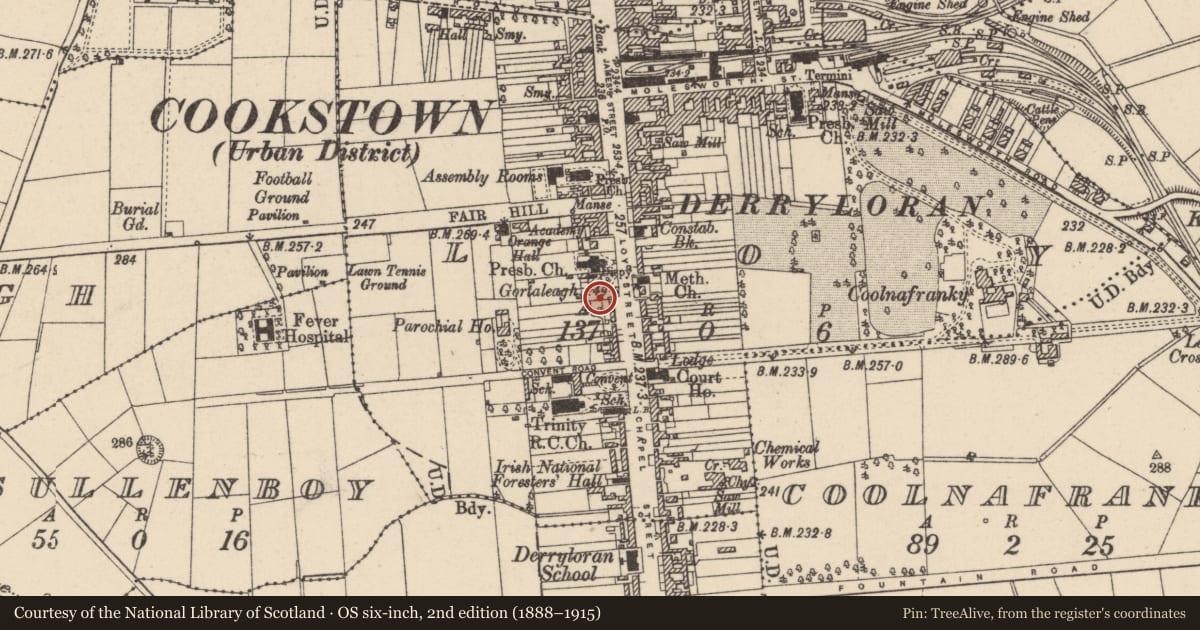 Ordnance Survey six-inch map, 2nd edition (1888–1915) covering the location of Cookstown Technical College, Loy, Mid Ulster, with a pin at the register's coordinates