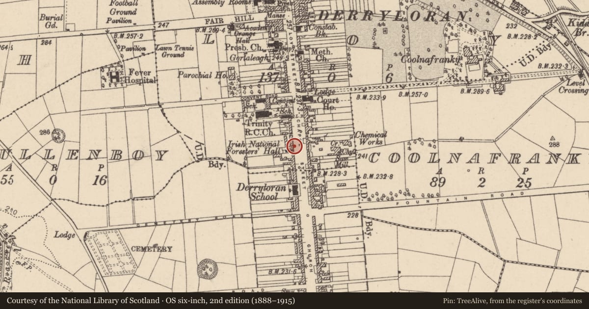 Ordnance Survey six-inch map, 2nd edition (1888–1915) covering the location of Irish National Forresters, 33 Chapel Street, Cookstown, CoTyrone, BT80 8QB, Mid Ulster, with a pin at the register's coordinates