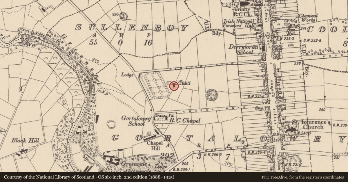 Ordnance Survey six-inch map, 2nd edition (1888–1915) covering the location of Cemetery, Cemetery, Cookstown, CoTyrone, Mid Ulster, with a pin at the register's coordinates