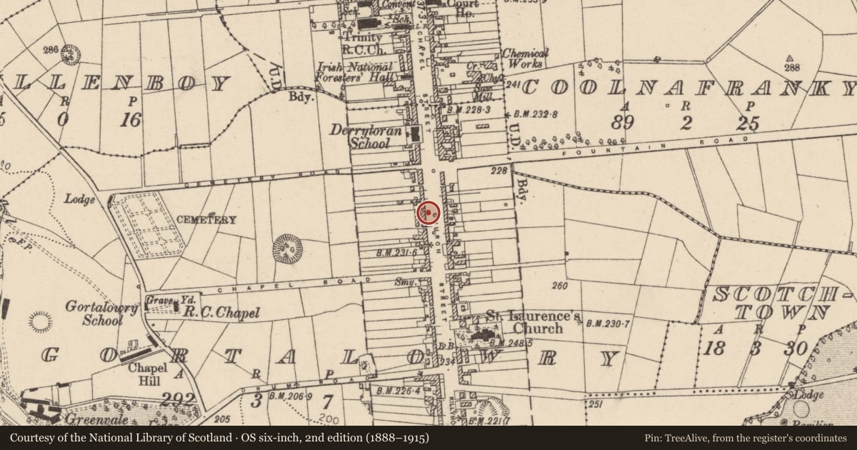 Ordnance Survey six-inch map, 2nd edition (1888–1915) covering the location of 37/51 Church Street, Cookstown, CoTyrone, BT80 8AT, Mid Ulster, with a pin at the register's coordinates