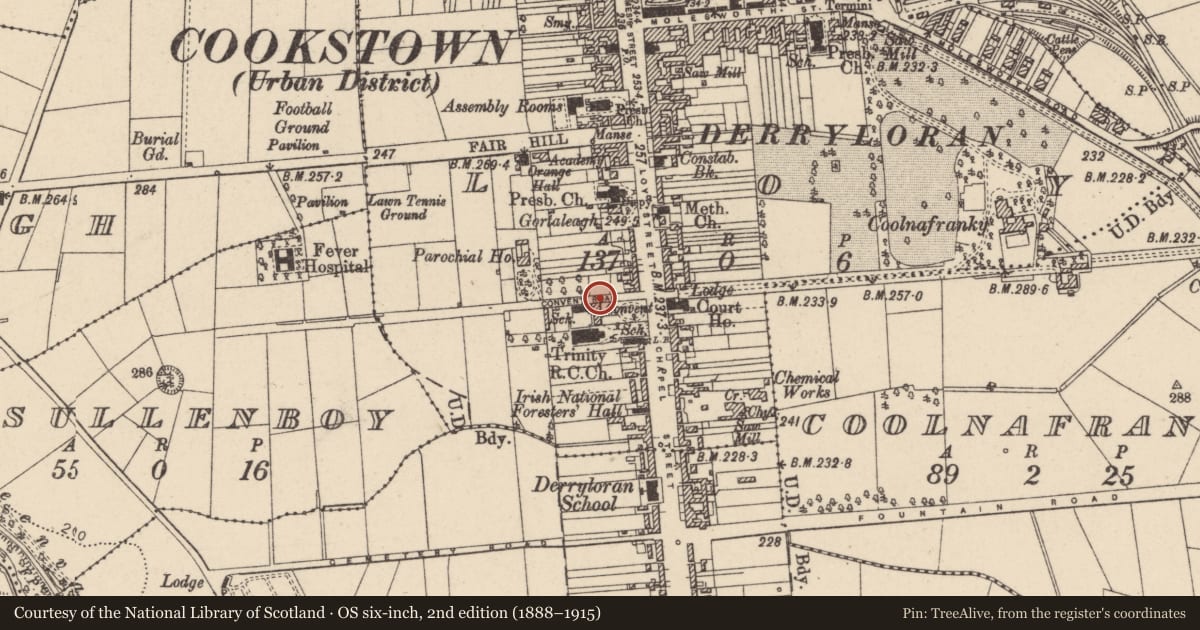 Ordnance Survey six-inch map, 2nd edition (1888–1915) covering the location of St Brigid's Convent and National School, Loy, Mid Ulster, with a pin at the register's coordinates