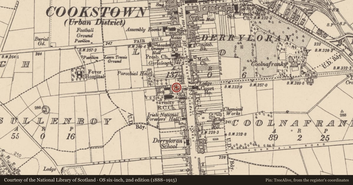 Ordnance Survey six-inch map, 2nd edition (1888–1915) covering the location of Chapel of the Annunciation, Loy, Mid Ulster, with a pin at the register's coordinates
