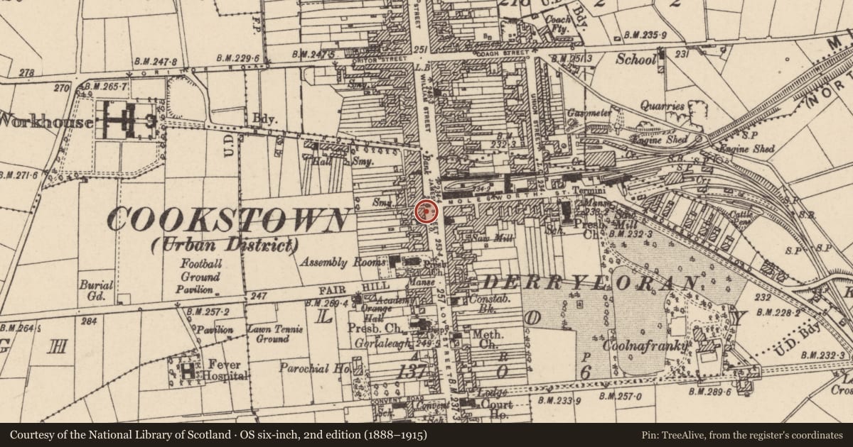 Ordnance Survey six-inch map, 2nd edition (1888–1915) covering the location of Post Office, 49-51 James Street, Cookstown, Co Tyrone, BT80 8AE, Loy, Mid Ulster, with a pin at the register's coordinates