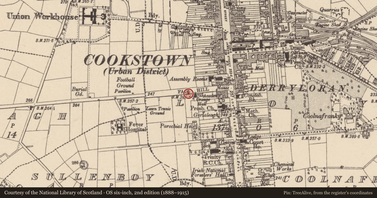 Ordnance Survey six-inch map, 2nd edition (1888–1915) covering the location of Social Security Office, Loy, Mid Ulster, with a pin at the register's coordinates