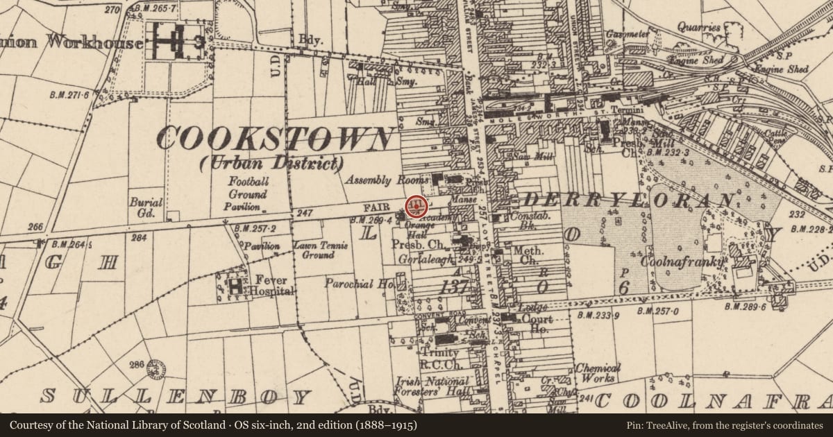 Ordnance Survey six-inch map, 2nd edition (1888–1915) covering the location of Cookstown Masonic Lodge, Loy, Mid Ulster, with a pin at the register's coordinates