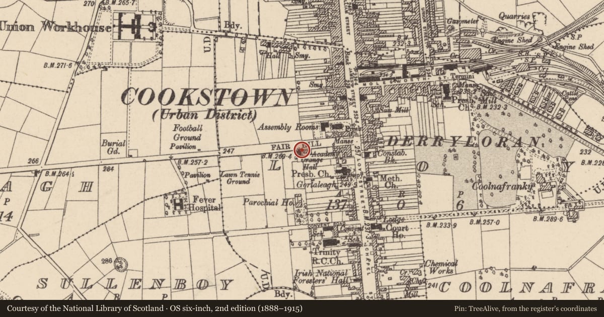 Ordnance Survey six-inch map, 2nd edition (1888–1915) covering the location of Cookstown Orange Hall, Fairhill Road, Cookstown, Co Tyrone, BT80 8AG, Loy, Mid Ulster, with a pin at the register's coordinates