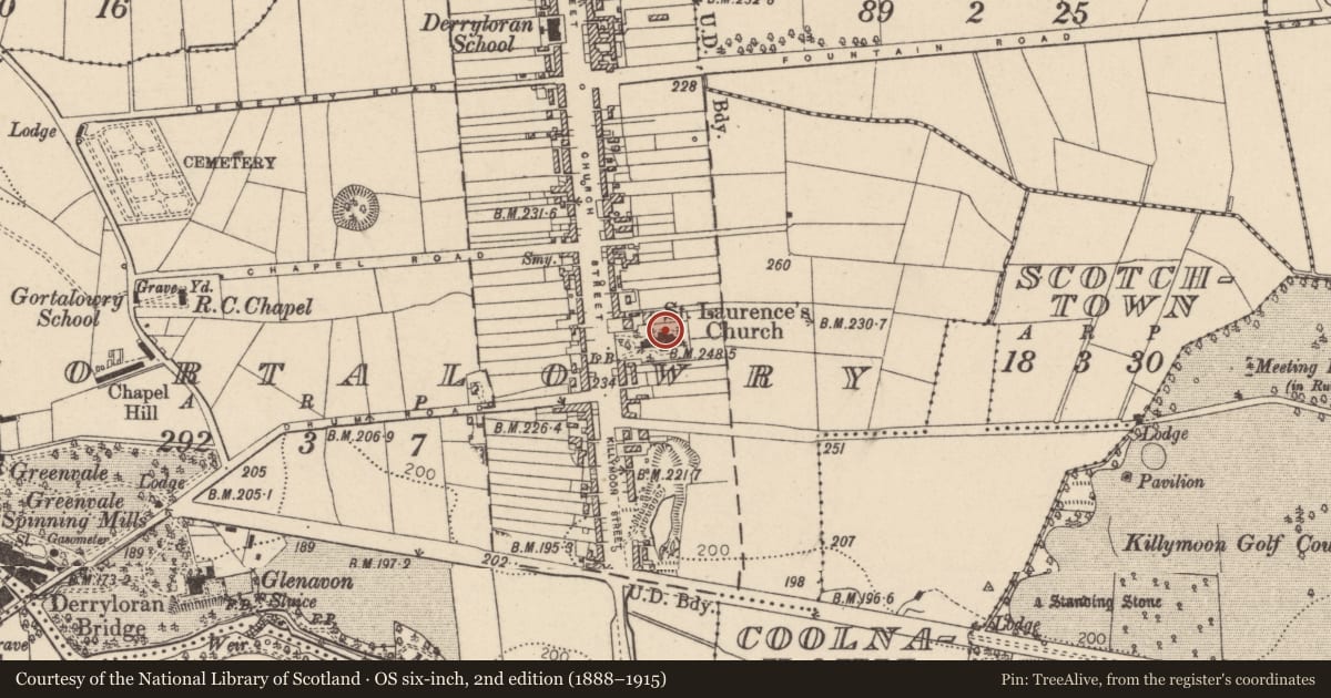 Ordnance Survey six-inch map, 2nd edition (1888–1915) covering the location of St Luran's Church of Ireland Church, Gortalowry, Mid Ulster, with a pin at the register's coordinates