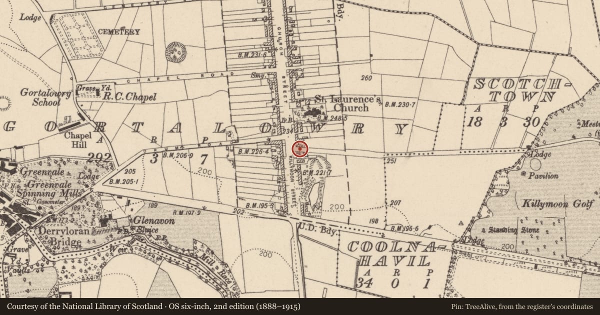 Ordnance Survey six-inch map, 2nd edition (1888–1915) covering the location of 2 Killymoon Street, Cookstown, CoTyrone, BT80 8JZ, Mid Ulster, with a pin at the register's coordinates