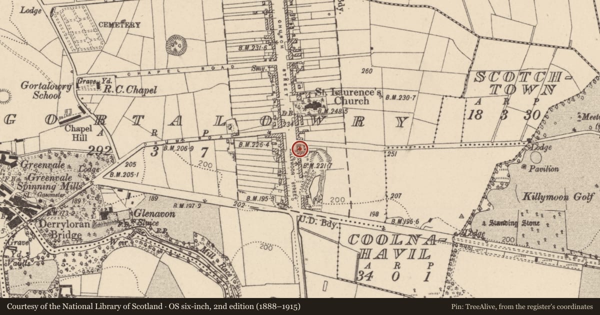 Ordnance Survey six-inch map, 2nd edition (1888–1915) covering the location of 4/10 Killymoon Street, Cookstown, CoTyrone, BT80 8JZ, Mid Ulster, with a pin at the register's coordinates